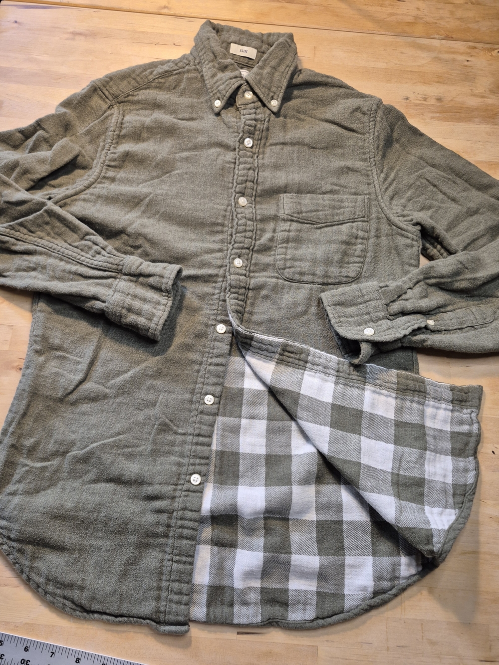 J. Crew Olive Green Button-Down Shirt with Plaid Lining